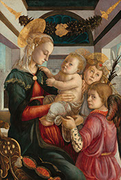 Attribué à Sandro Botticelli (peintre) Florentin, 1446 - 1510 Vierge à l'enfant avec anges, 1465/1470 huile et détrempe sur panneau de peuplier 